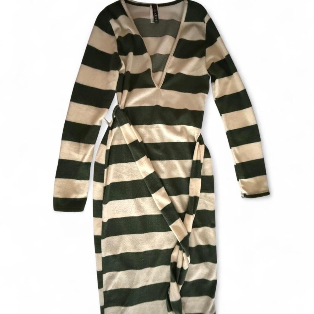 Striped Wrap Dress in Green and Cream
